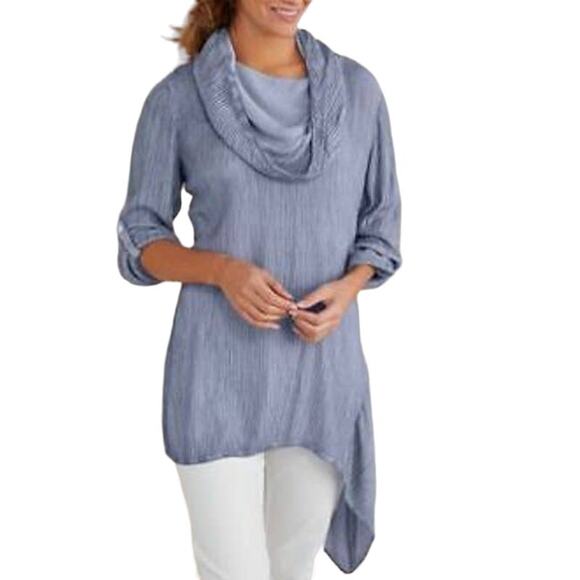 Soft Surroundings Asymmetrical Gauze Tunic Top Blue Cowl Neck Crinkle Roll Tab S - Picture 1 of 13